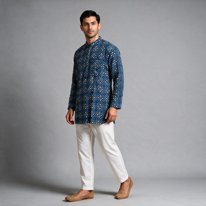 Indigo Blue Bagru Print Cotton Short Length Kurta