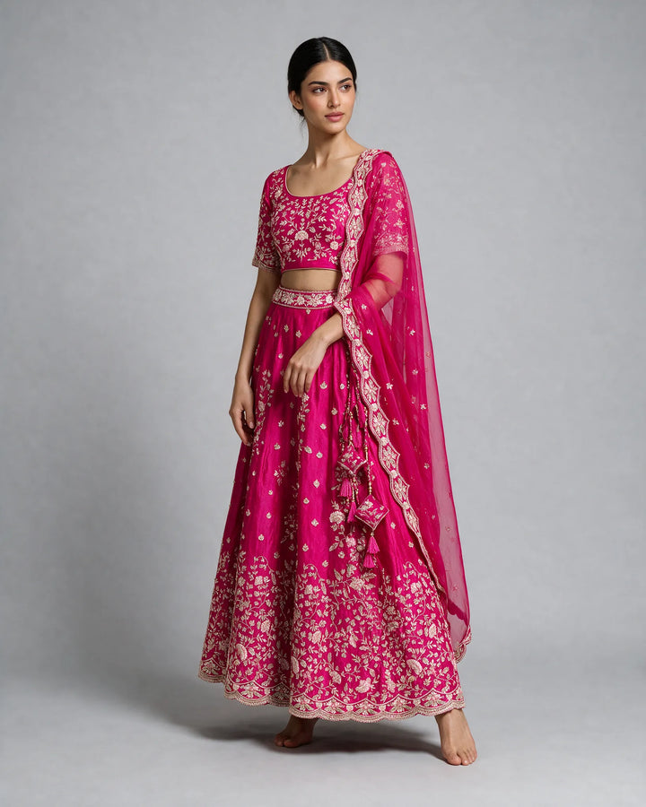 Dark Pink Raw Silk Embroidered Lehenga Set With Organza Dupatta
