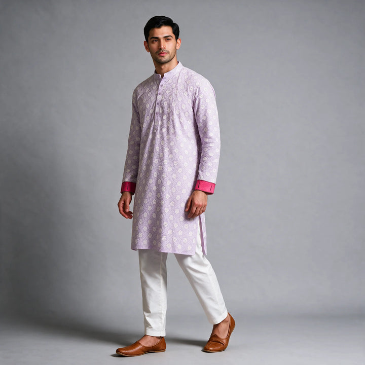 Lavender Chikankari Kurta With Paithani Bordered Sleeves