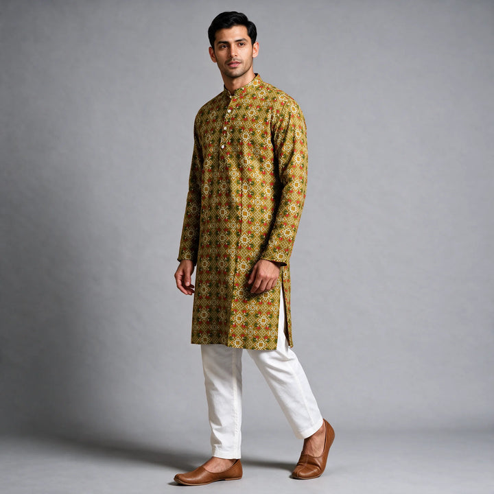 Mehendi Green Patola Print Handloom Cotton Kurta