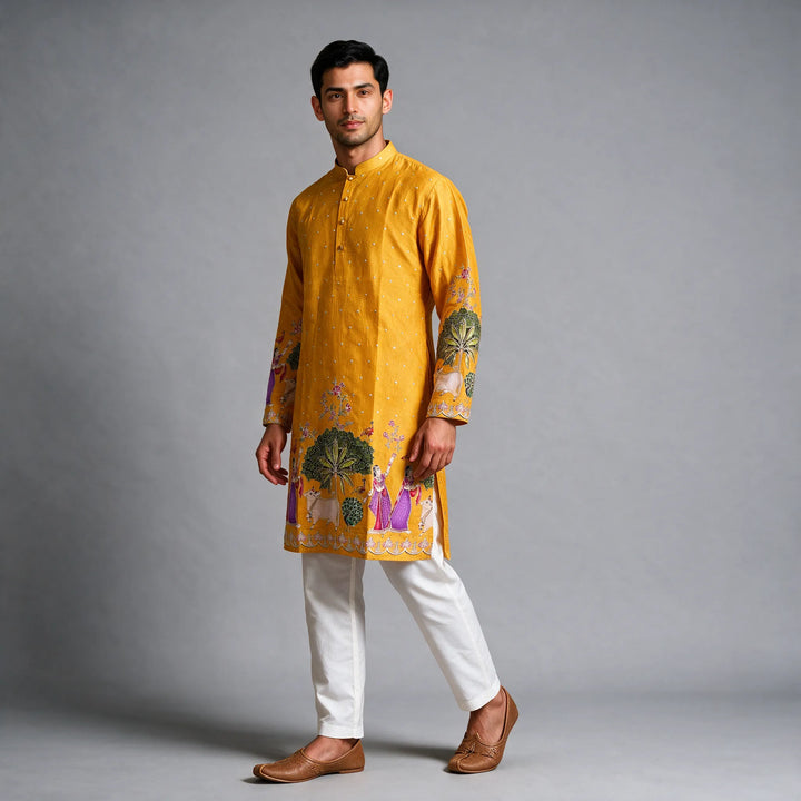 Mustard Yellow Pichwai Design Kurta Set