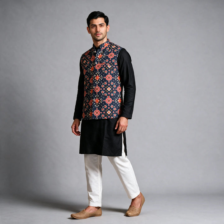 Navy Blue Handloom Cotton Patola Vest