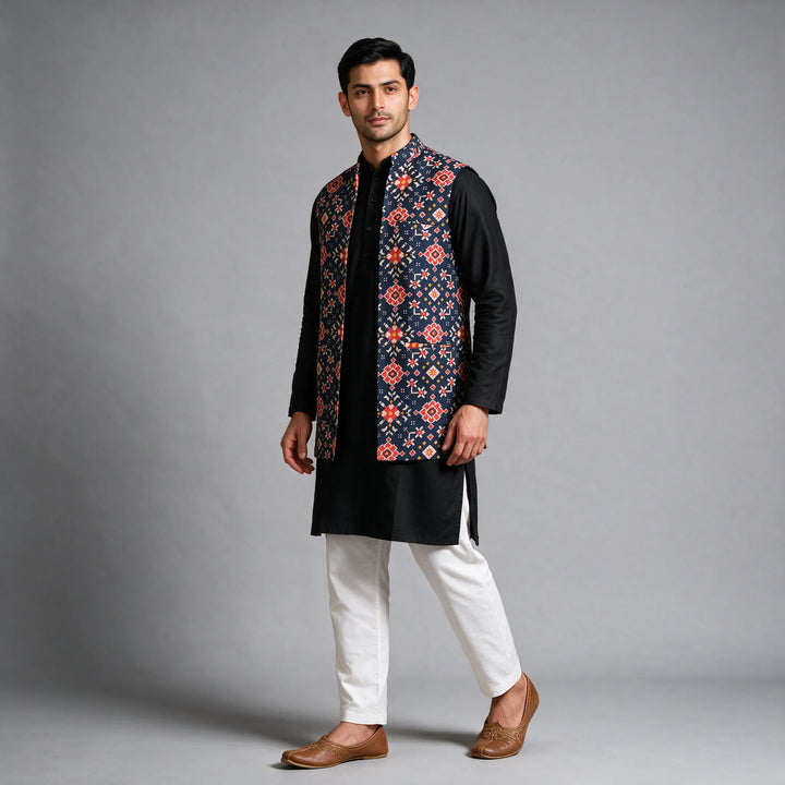 Navy Blue Handloom Long Length Cotton Patola Vest