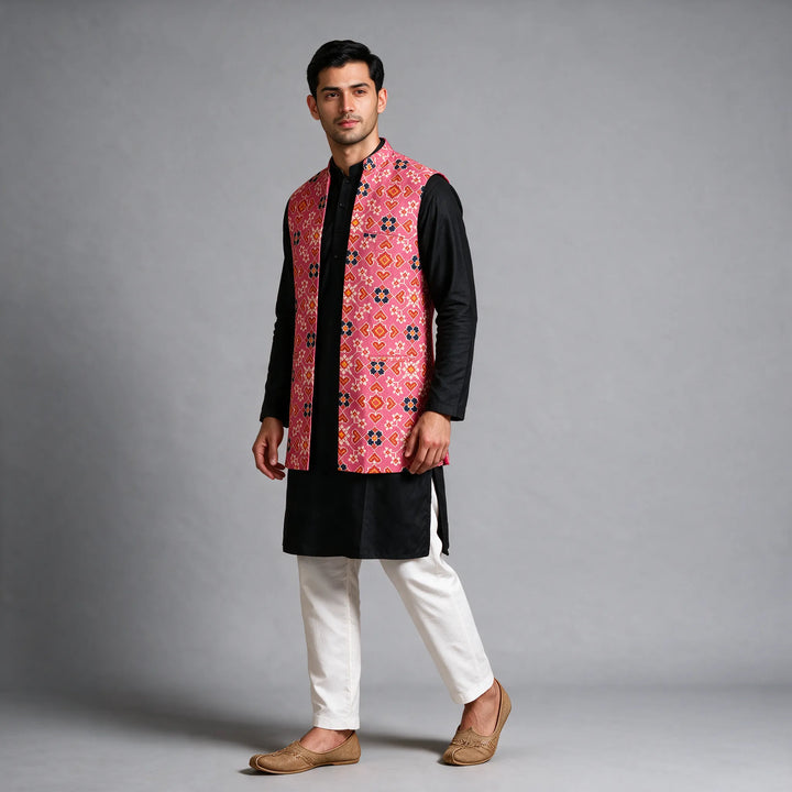 Pink Handloom Long Length Cotton Patola Vest
