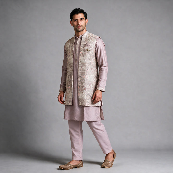 Mauve Kurta Pajama with Long Embroidered Jacket