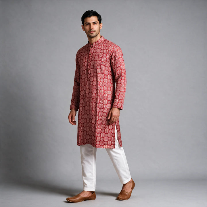Red Gaji Silk Ajrakh Block Print Kurta