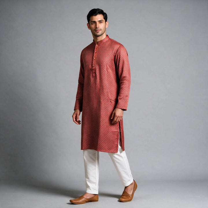 Red Gaji Silk Ajrakh Print Kurta