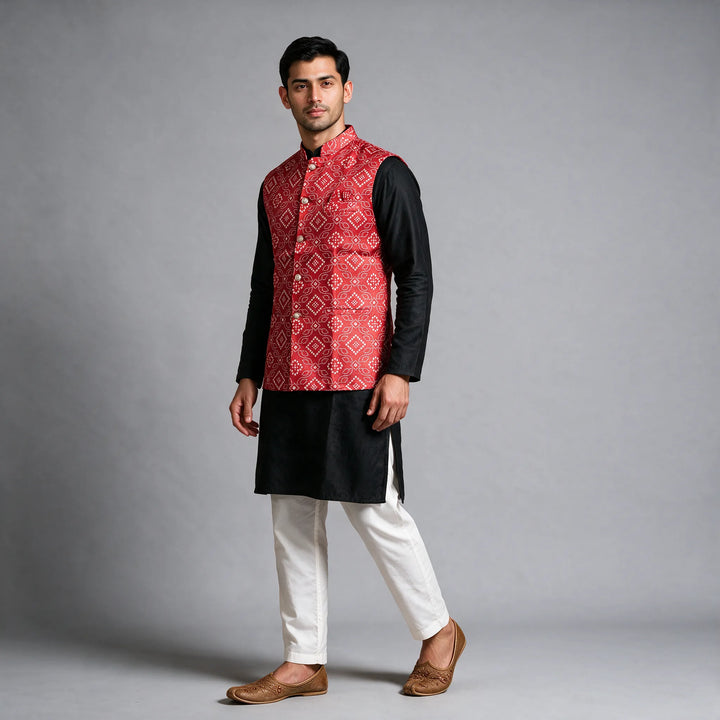 Red Gaji Silk Bandhani Vest