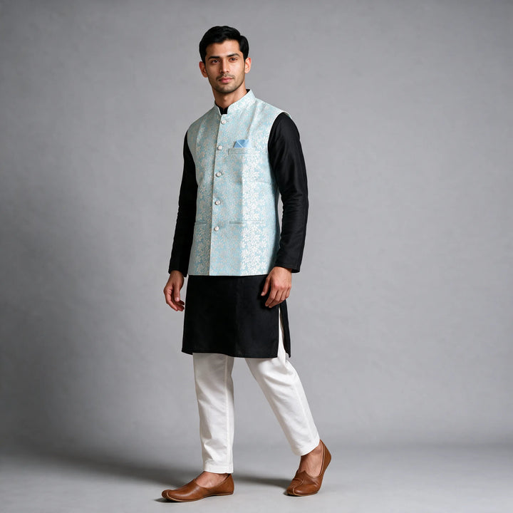 Sky Blue Banarasi Brocade Vest