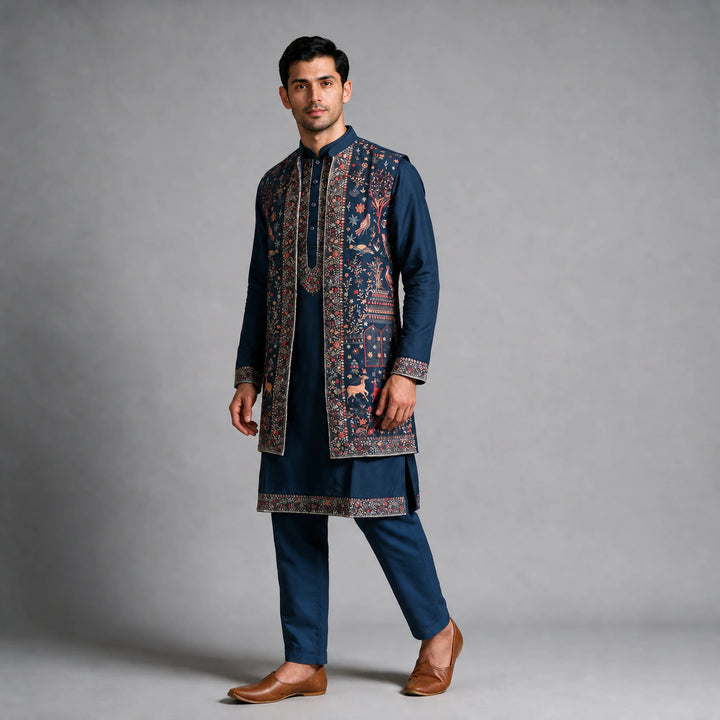 Navy Blue Kurta Pajama with Long Embroidered Jacket