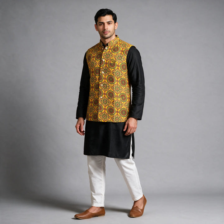 Yellow Gaji Silk Ajrakh Block Print Vest