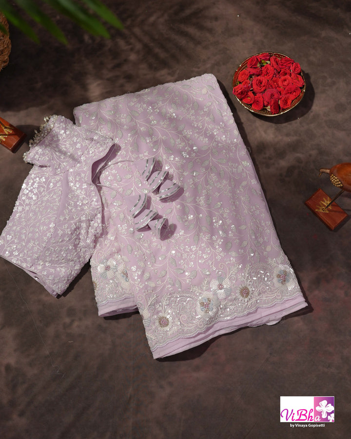 Pale Lilac Designer Saree with All-Over Floral Work and Scalloped Border