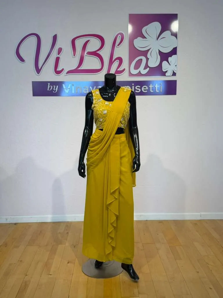 Mustard Yellow Embroidered Fusion Draped Skirt Set