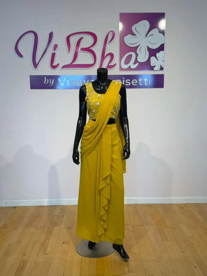 Mustard Yellow Embroidered Fusion Draped Skirt Set