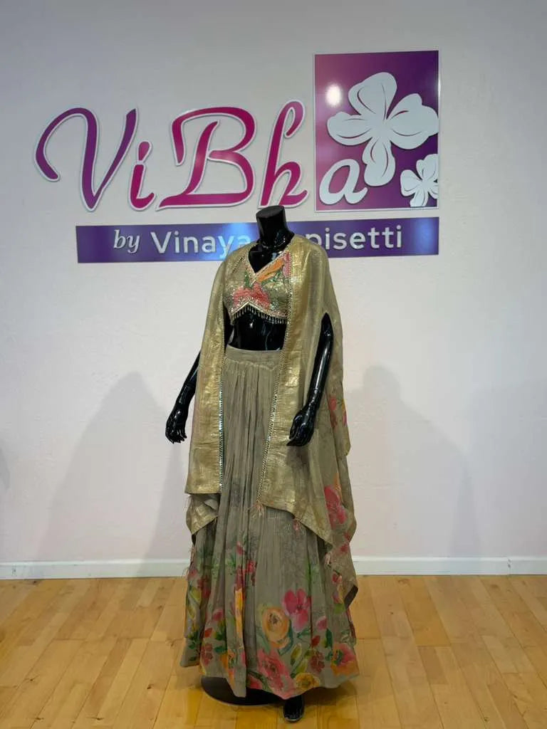 Champagne Beige Floral Embellished Lehenga Set
