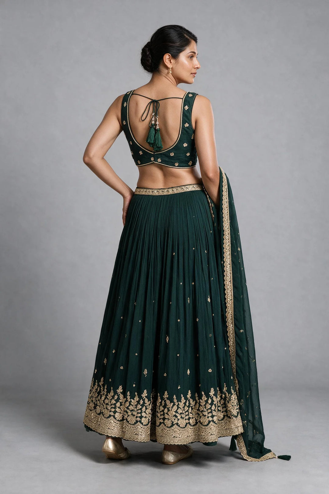 Emerald Green Silk Hand-Embroidered Zardosi Lehenga Set
