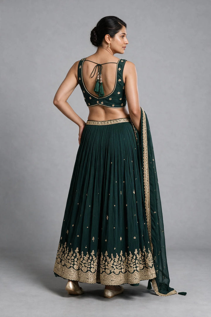 Emerald Green Silk Hand-Embroidered Zardosi Lehenga Set