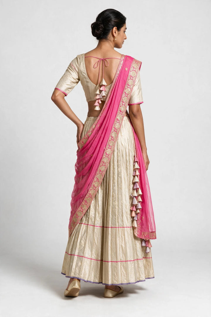 Ivory &amp; Rani Pink Embroidered Half Saree Set