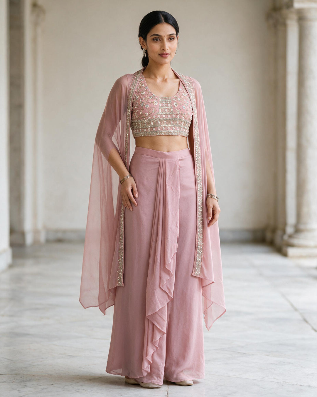 Dusty Rose Embellished Fusion Draped Skirt Set