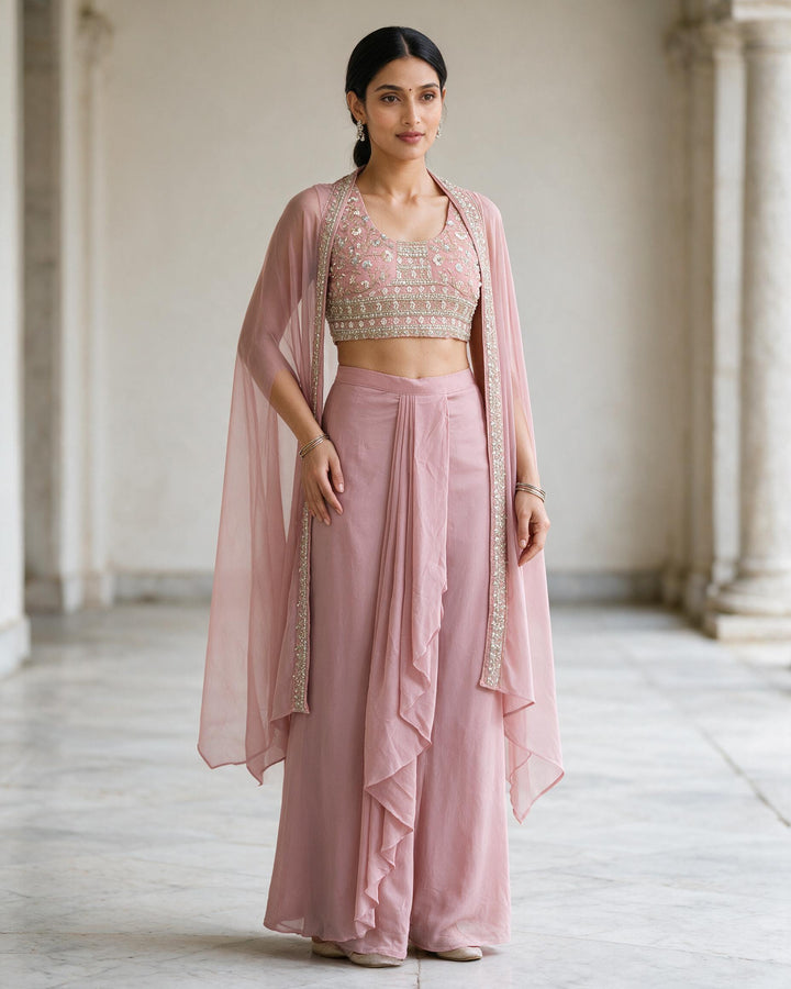 Dusty Rose Embellished Fusion Draped Skirt Set