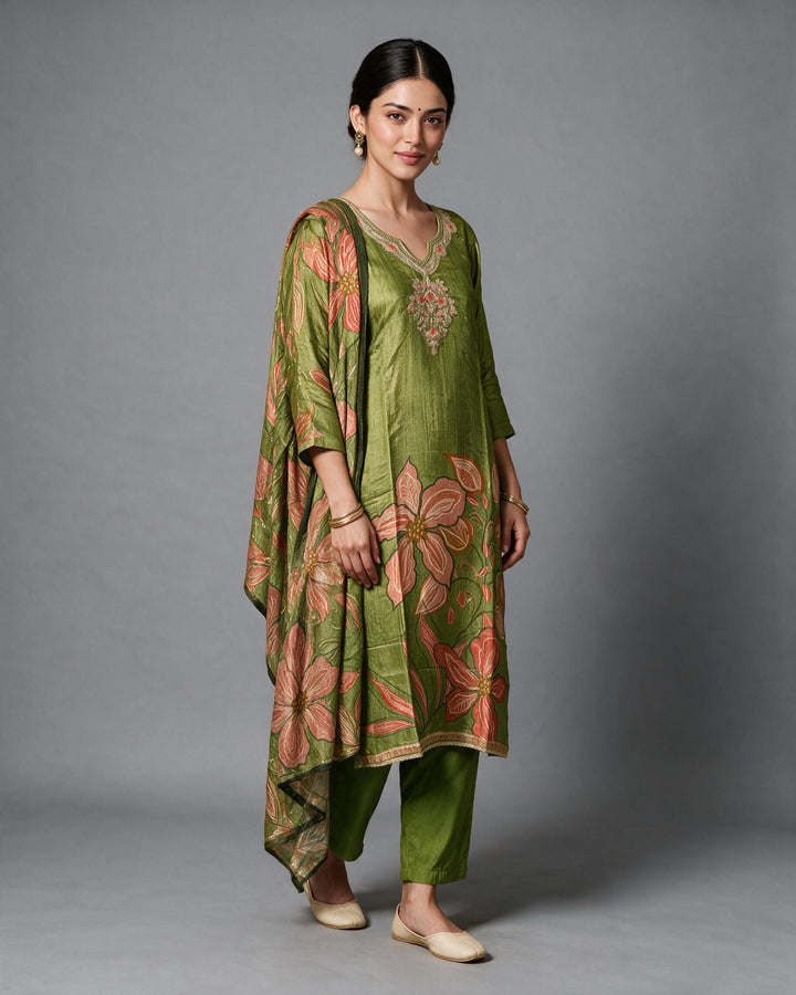Parrot Green Floral Salwar Suit Set