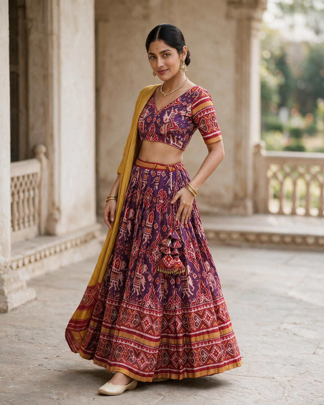 Purple &amp; Mustard Traditional Half Saree Set