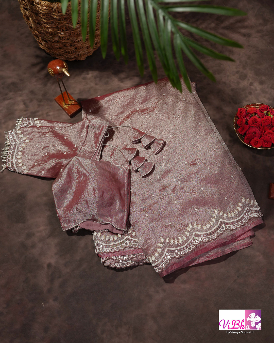 Rose Mauve Shimmer Designer Saree with Embellished Scalloped Leaf Border