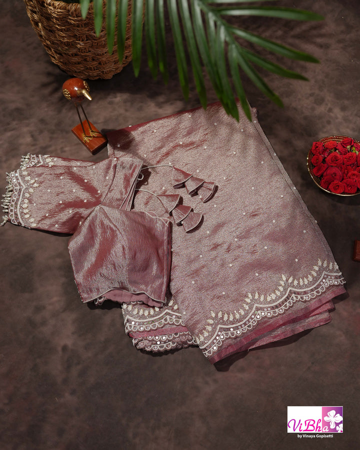 Rose Mauve Shimmer Designer Saree with Embellished Scalloped Leaf Border
