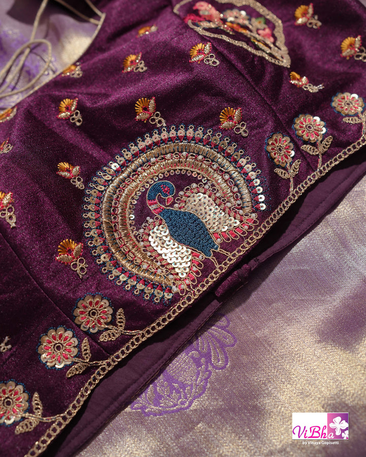 Lavender Designer Saree with Ornate Peacock and Figurative Embellishments