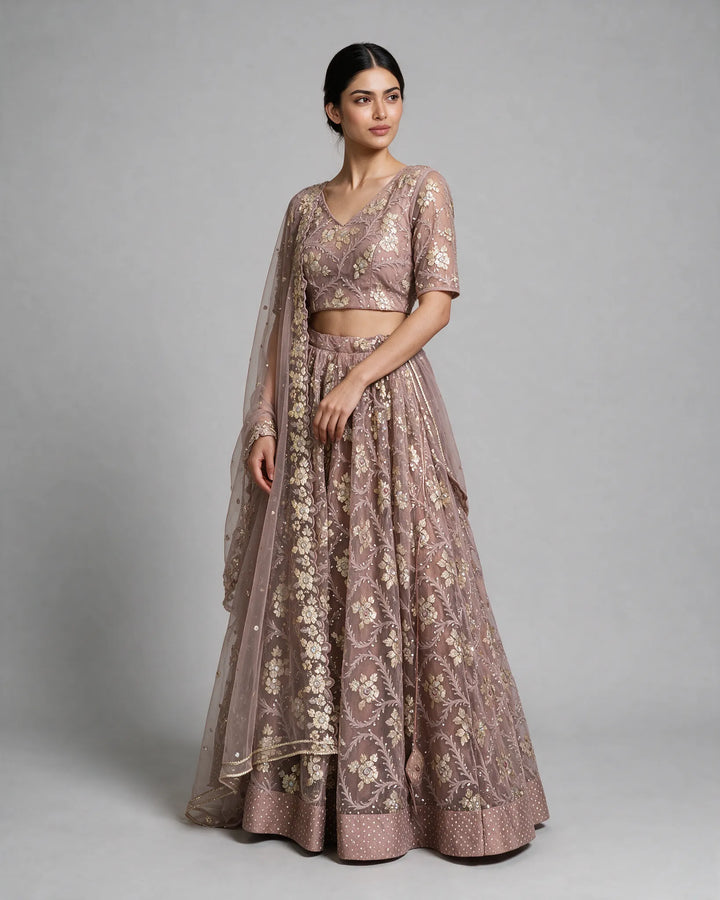 Light Mauve And Gold-Embroidered Lehenga Set