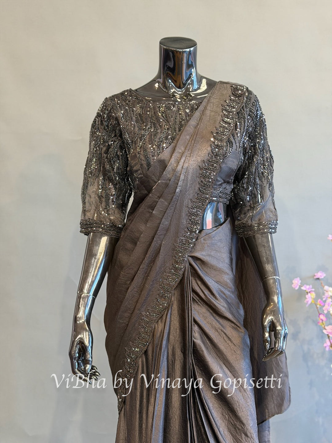 Black self bead embroidered pre draped saree and blouse