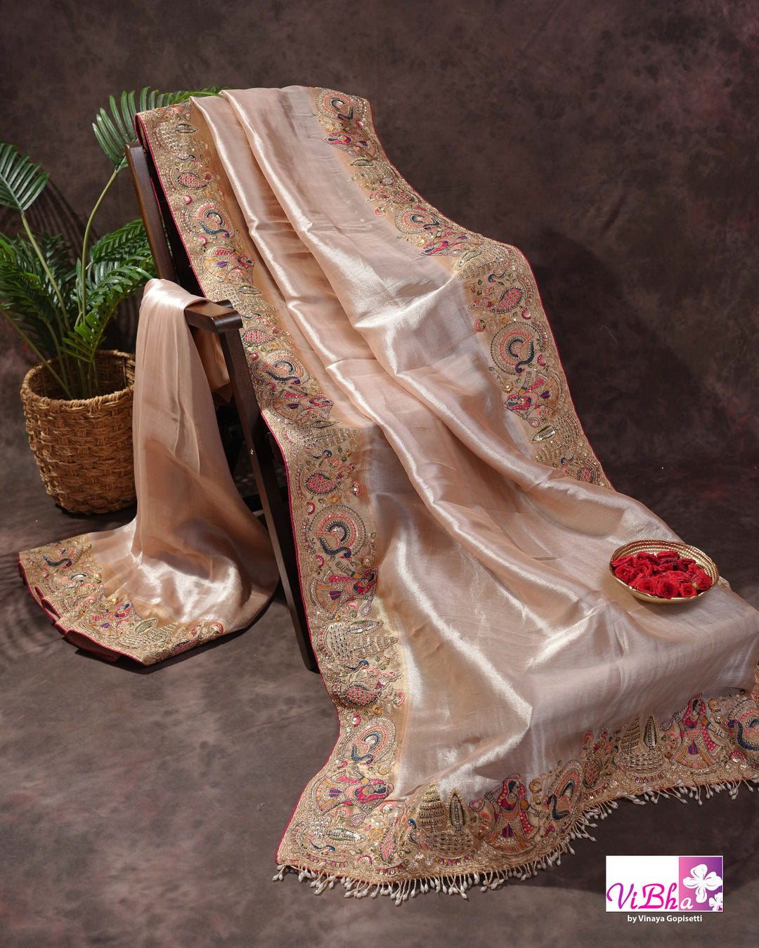 Champagne Designer Saree with Multicolour Peacock and Figurative Border