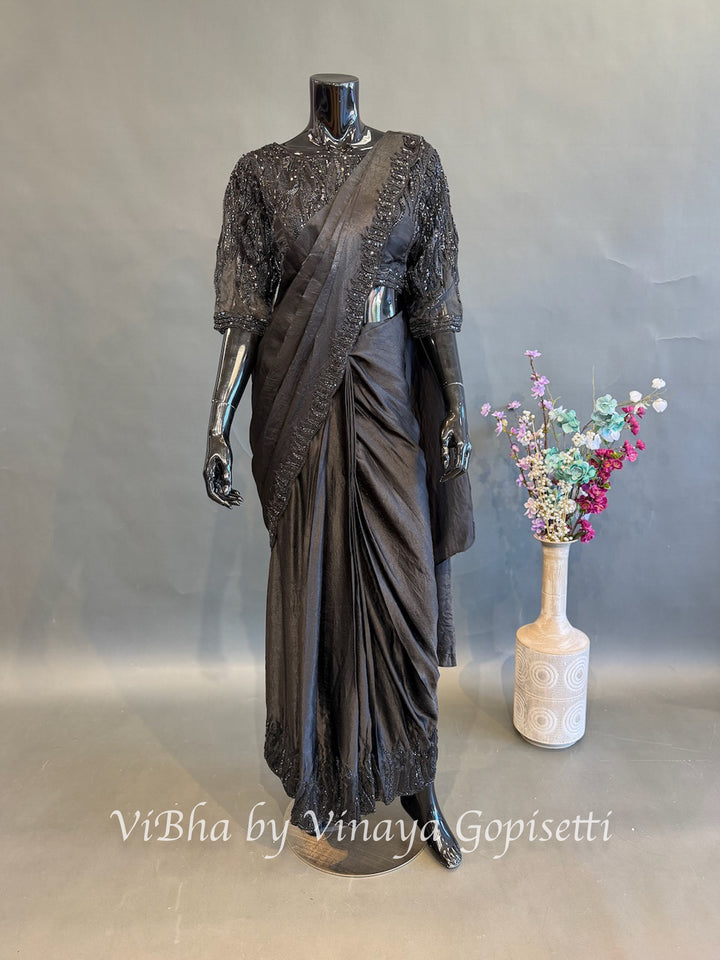 Black self bead embroidered pre draped saree and blouse