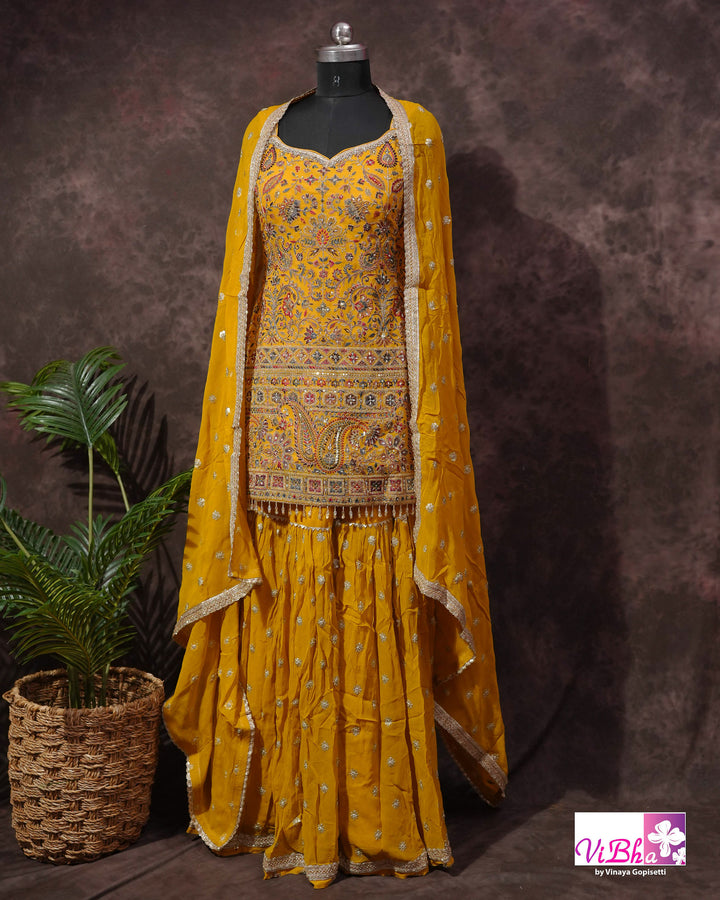 Mustard Yellow Multicolor Embroidered Gharara Set