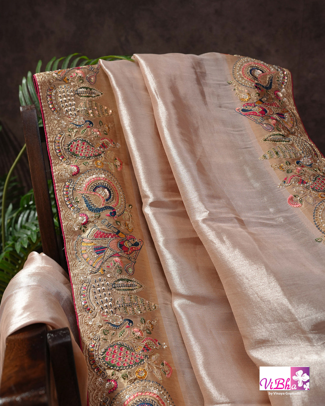 Champagne Designer Saree with Multicolour Peacock and Figurative Border