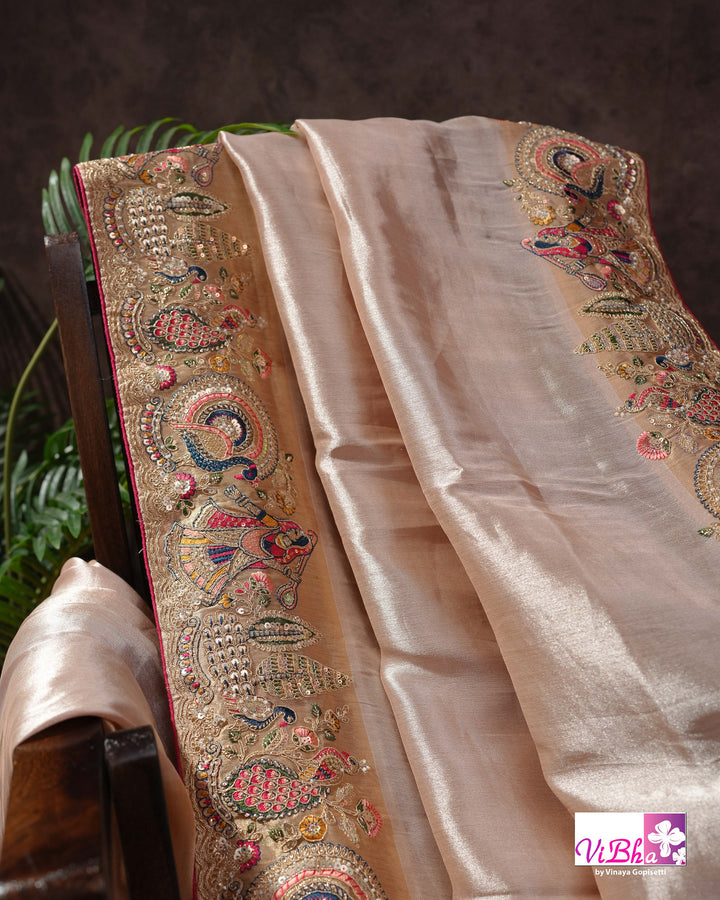 Champagne Designer Saree with Multicolour Peacock and Figurative Border