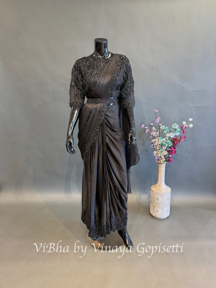 Black self bead embroidered pre draped saree and blouse
