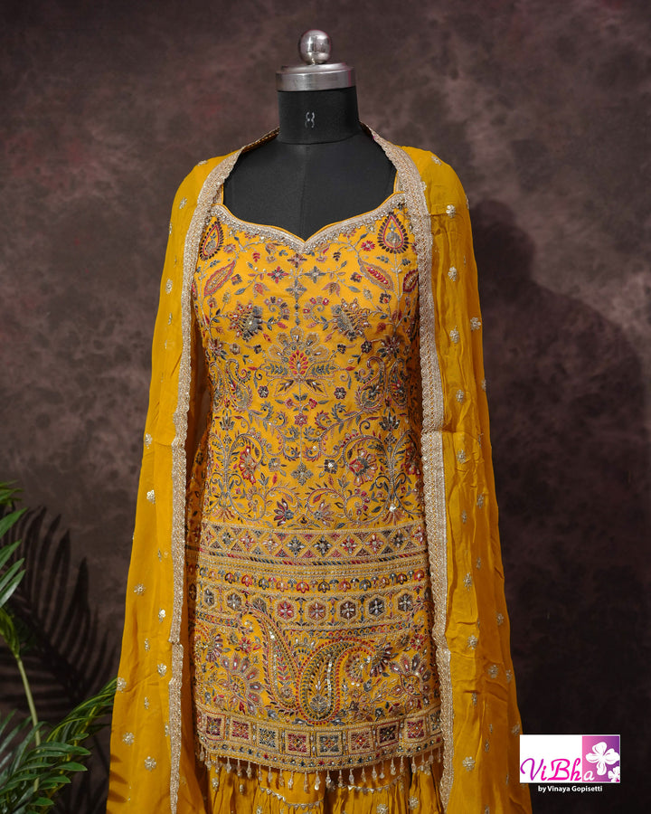 Mustard Yellow Multicolor Embroidered Gharara Set