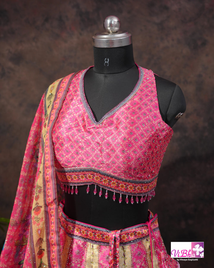 Rani Pink Peacock Print Lehenga Set
