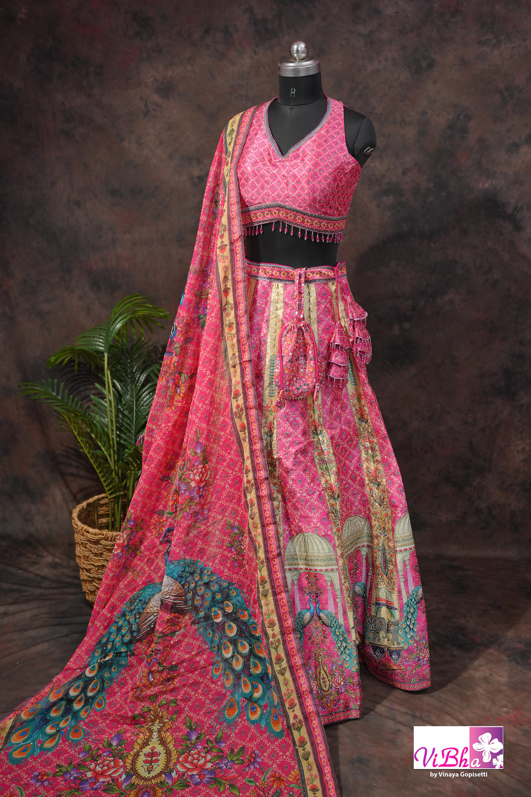 Rani Pink Peacock Print Lehenga Set