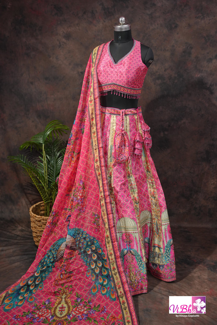 Rani Pink Peacock Print Lehenga Set