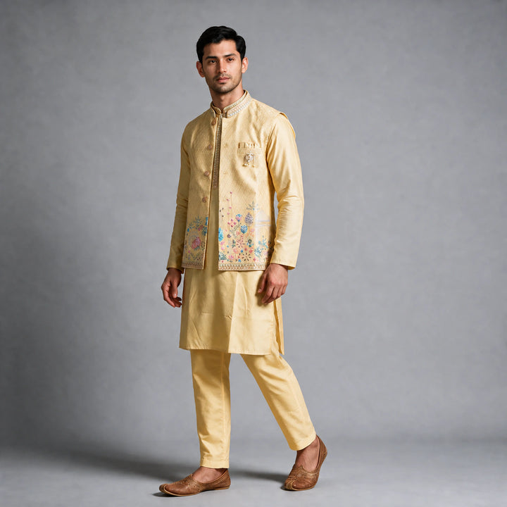 Pastel Yellow Kurta Pajama with Embroidered Jacket