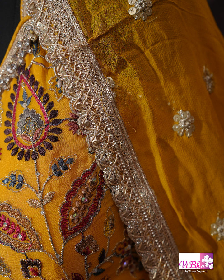 Mustard Yellow Multicolor Embroidered Gharara Set