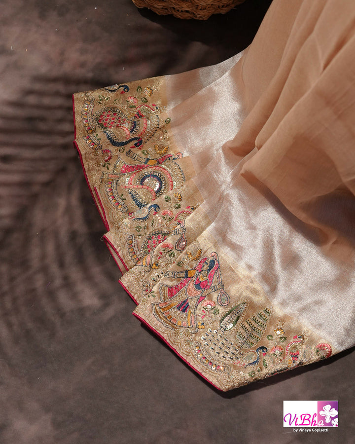 Champagne Designer Saree with Multicolour Peacock and Figurative Border