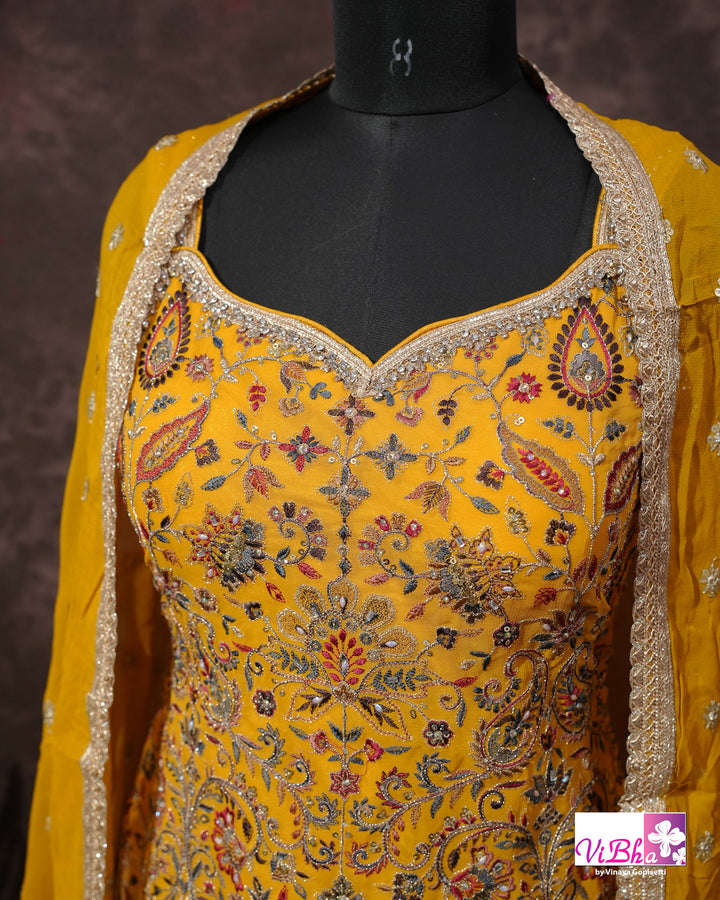 Mustard Yellow Multicolor Embroidered Gharara Set