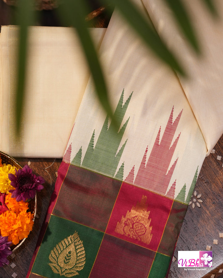 Cream Kanchi Silk Saree with Blouse &amp; Kattam Border
