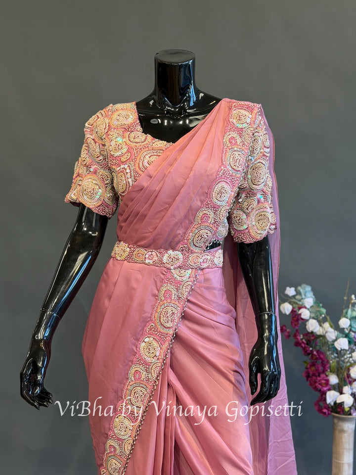 Dusty rose pink pre draped saree and blouse