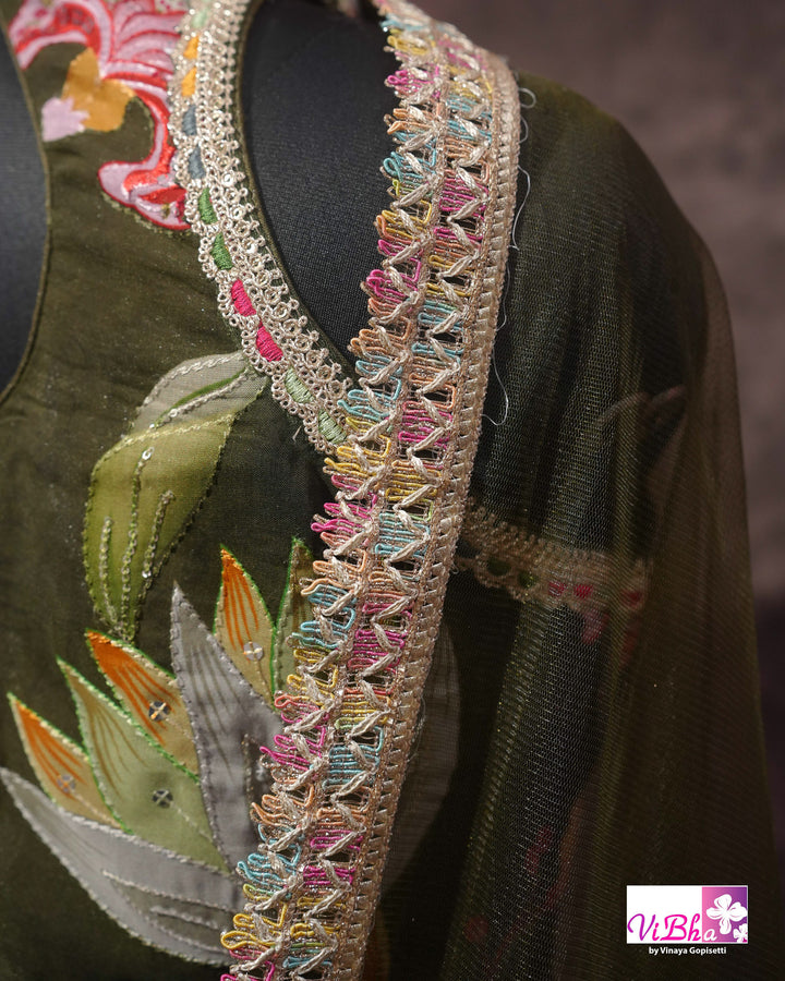 Dark Mehendi Green Floral position print high neck Gharara set