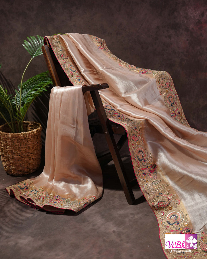 Champagne Designer Saree with Multicolour Peacock and Figurative Border