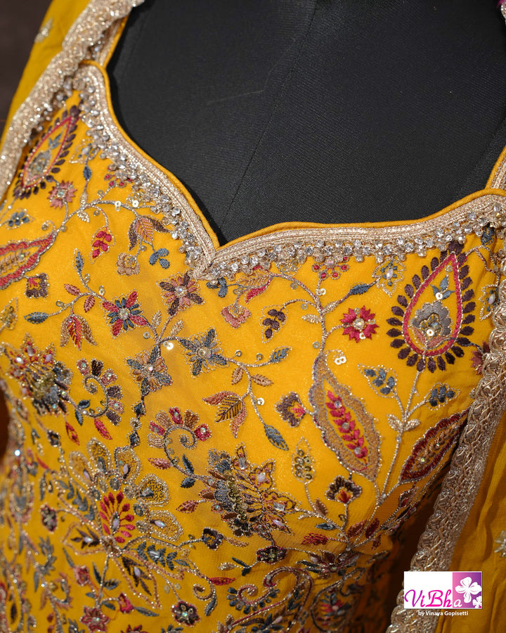 Mustard Yellow Multicolor Embroidered Gharara Set